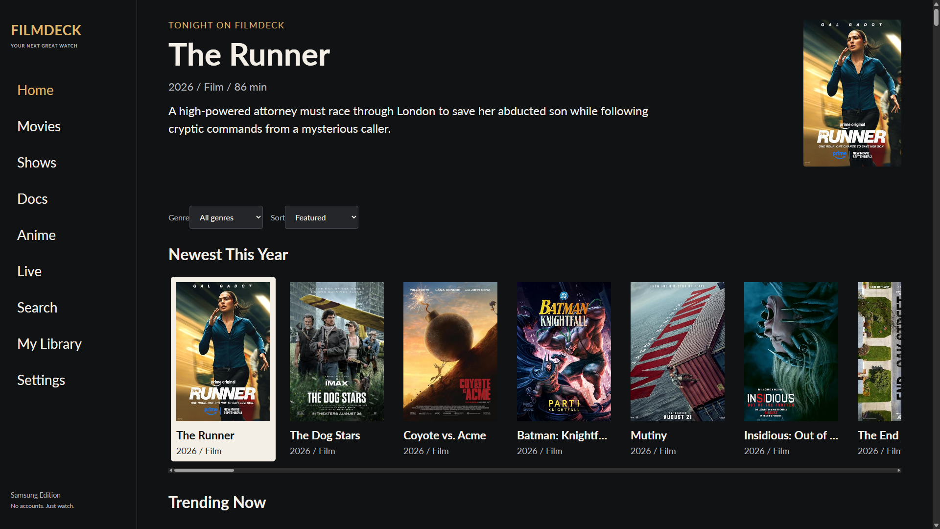 FilmDeck Samsung app showing film artwork, browsing categories, and a selected title